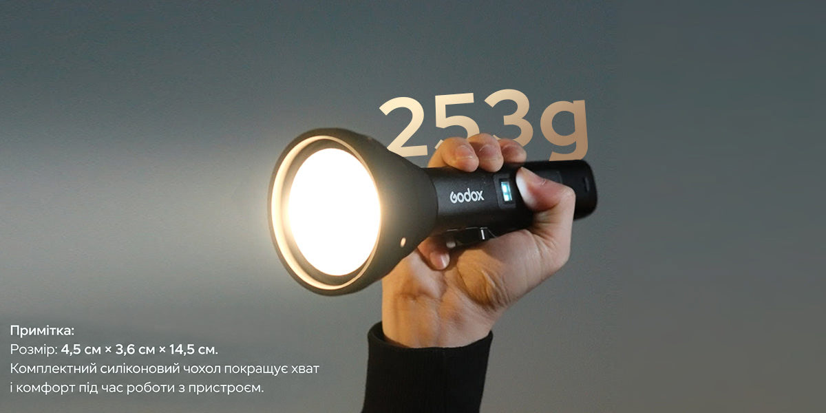 Людина тримає Godox FL15Bi, демонструючи його невелику вагу 253 г
